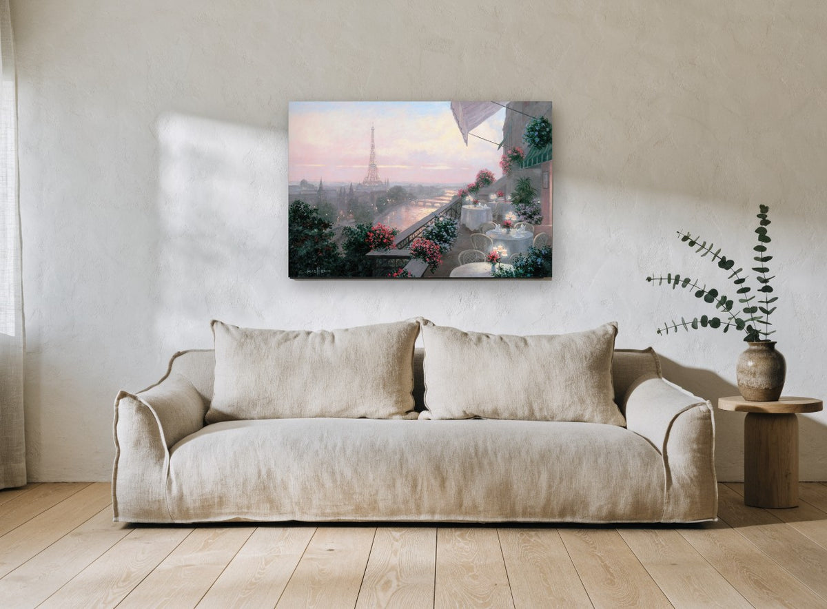 Paris Terrace at Dusk city canvas print on the wall of a living room