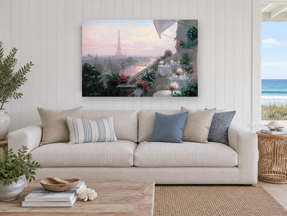Paris Terrace at Dusk city canvas print on the wall of a beach house living room