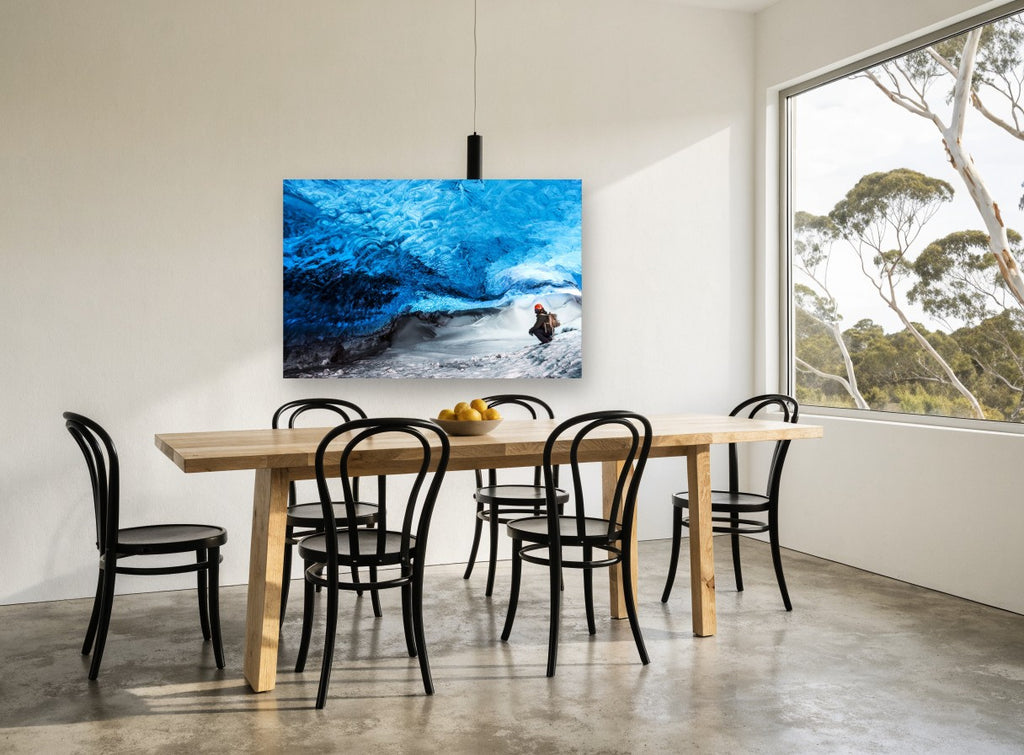 Blue Ice Cavern landscape canvas print on the wall of a dining room