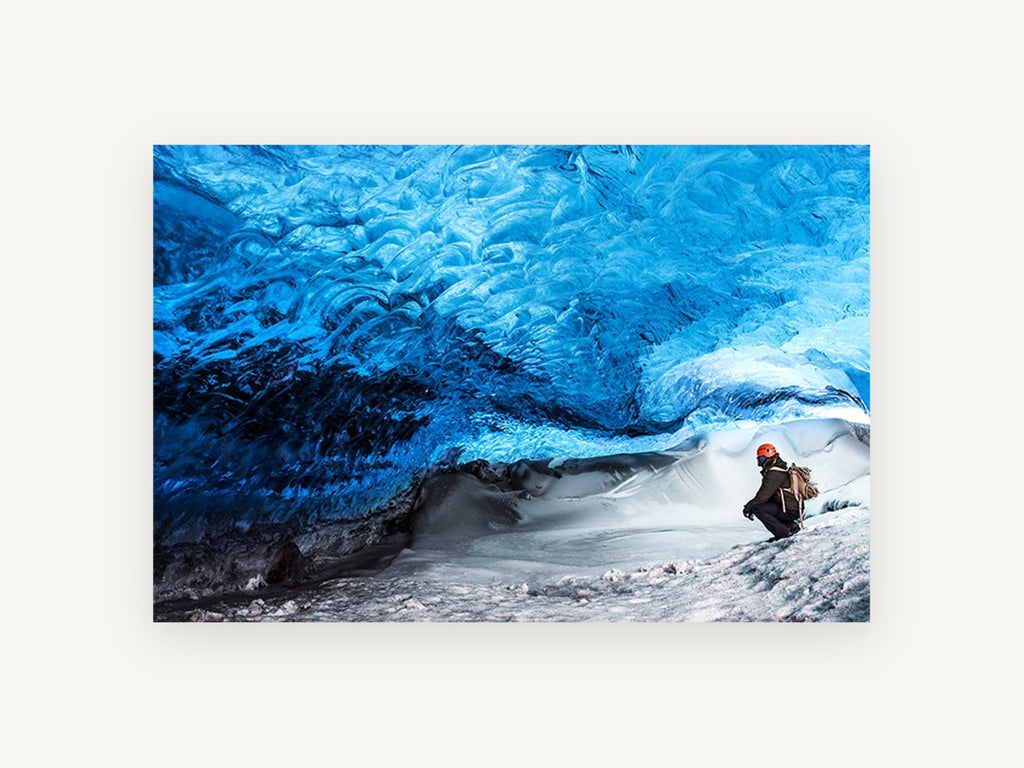 Blue Ice Cavern, blue glacier ice cave photograph, landscape canvas wall art print, front view