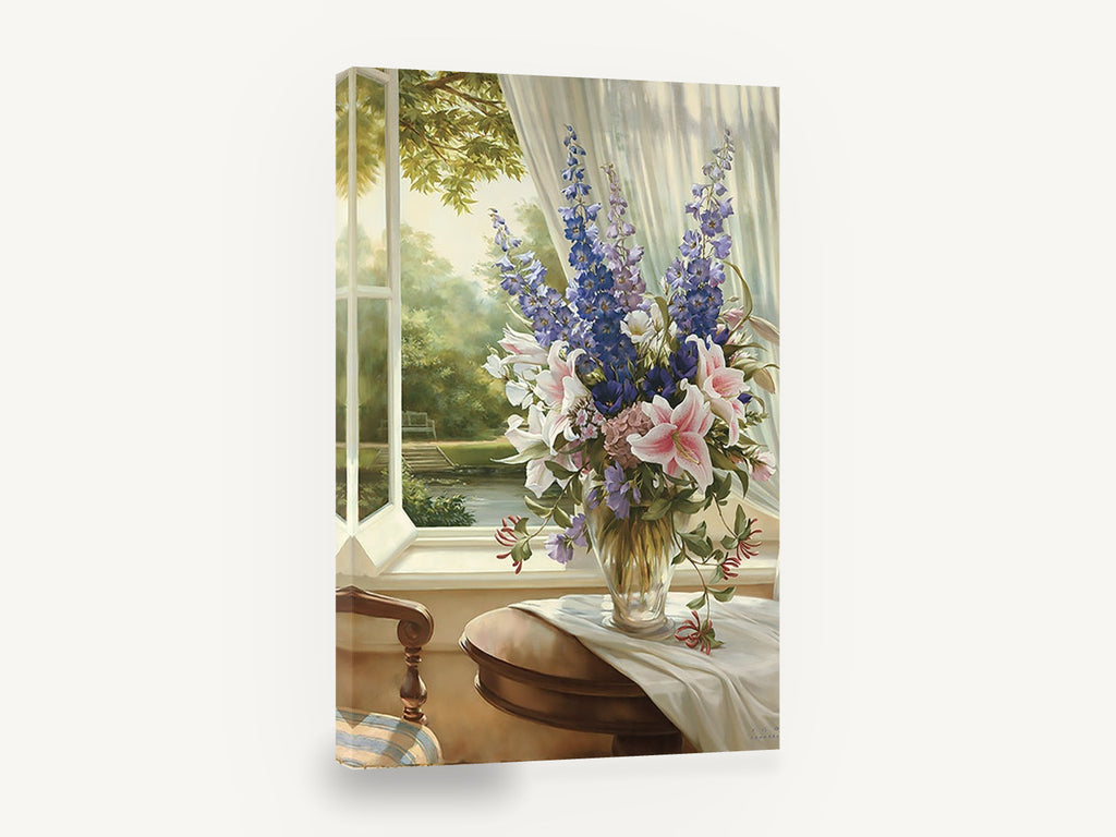 Lilies by the Open Window, delphinium and lily bouquet window painting, floral canvas wall art print ready to hang