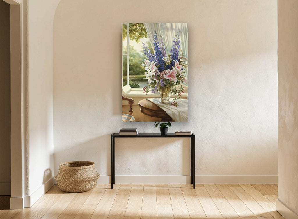 Lilies by the Open Window floral canvas print on the wall of a hallway
