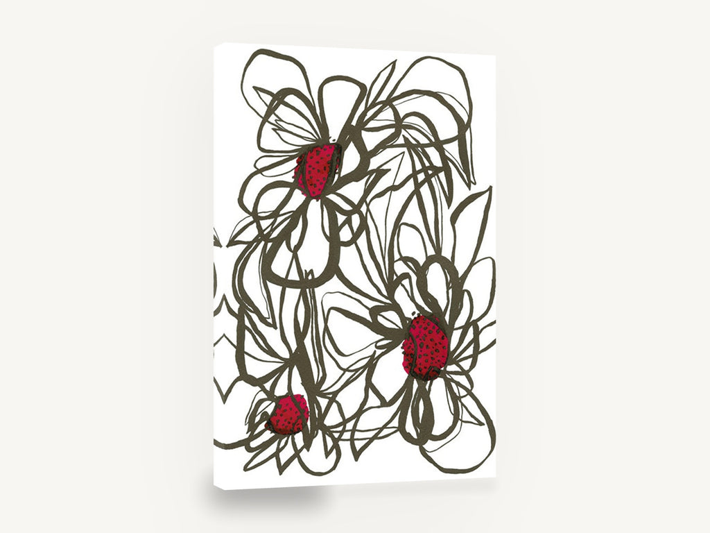 Crimson Centre Line Blooms, red and black line flower illustration, floral canvas wall art print ready to hang