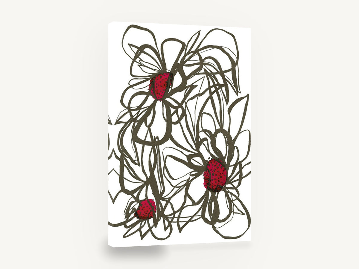 Crimson Centre Line Blooms, red and black line flower illustration, floral canvas wall art print ready to hang