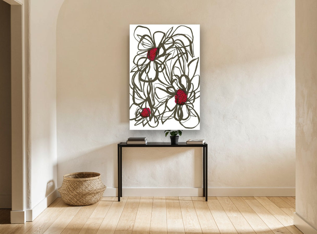 Crimson Centre Line Blooms floral canvas print on the wall of a hallway