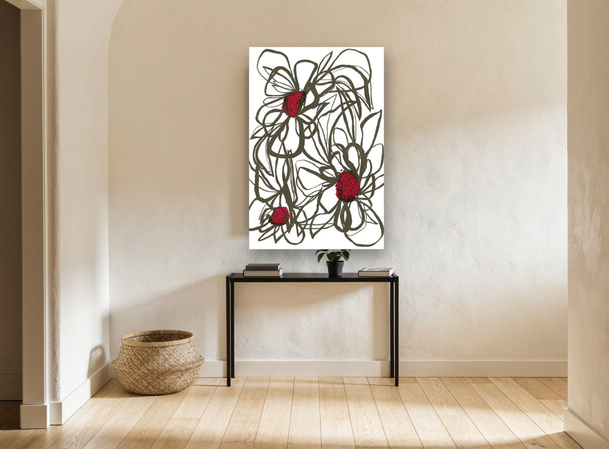 Crimson Centre Line Blooms floral canvas print on the wall of a hallway