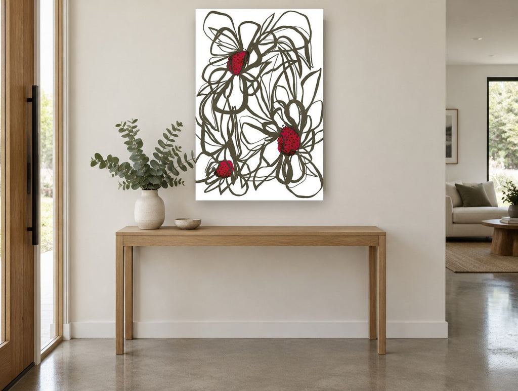 Crimson Centre Line Blooms floral canvas print on the wall of a entry hall