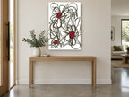 Crimson Centre Line Blooms floral canvas print on the wall of a entry hall