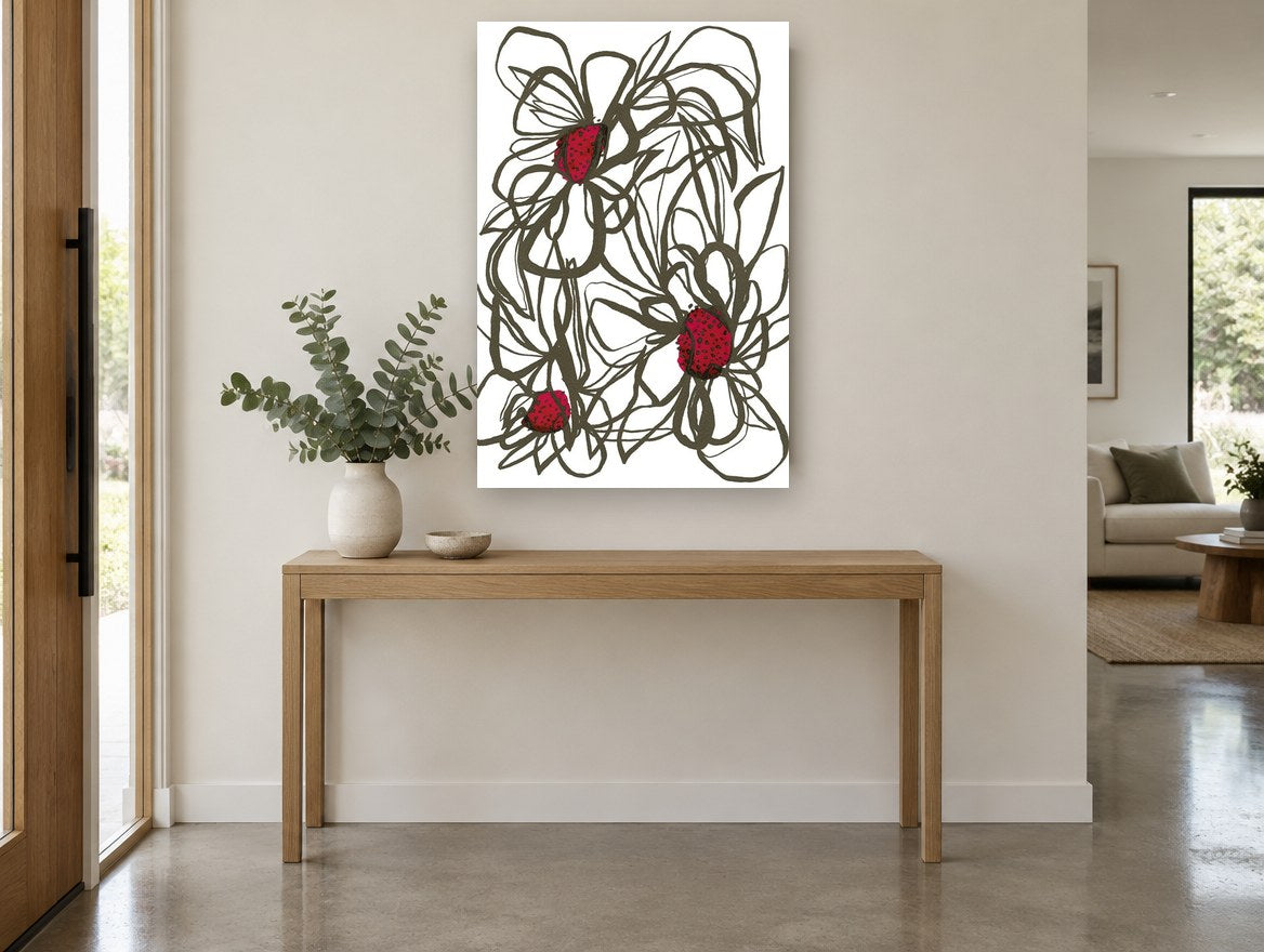 Crimson Centre Line Blooms floral canvas print on the wall of a entry hall