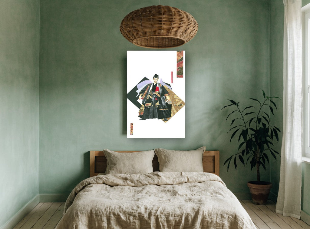 Collage Samurai in Kimono floral canvas print on the wall of a bedroom