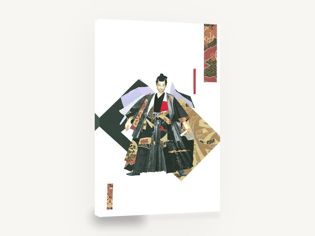 Collage Samurai in Kimono, samurai figure japanese pattern collage, floral canvas wall art print ready to hang
