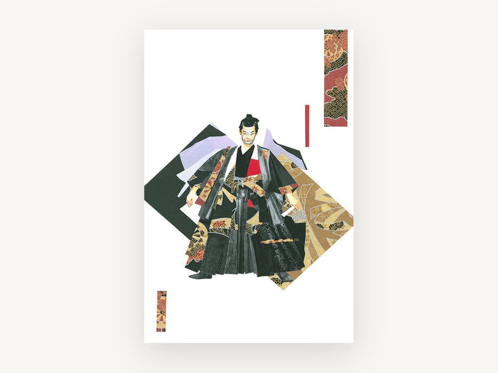 Collage Samurai in Kimono, floral canvas wall art print, front view