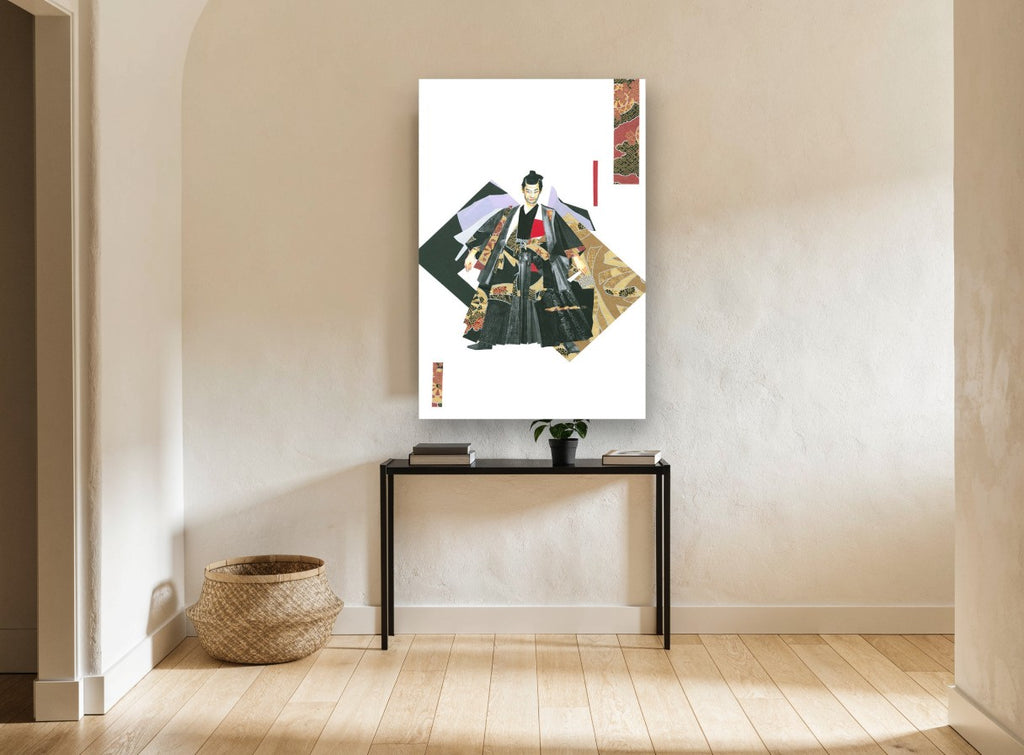 Collage Samurai in Kimono floral canvas print on the wall of a hallway