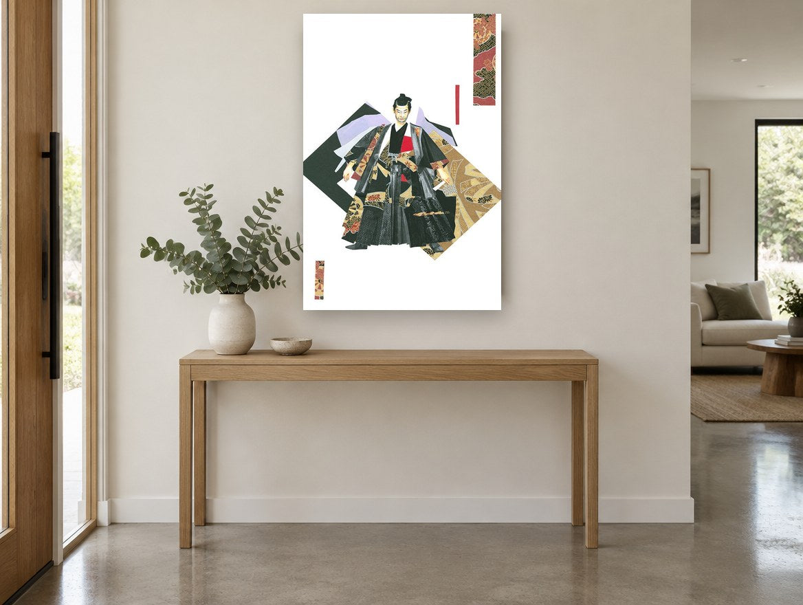 Collage Samurai in Kimono floral canvas print on the wall of a entry hall