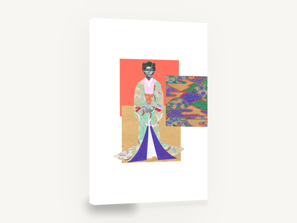 Kimono Collage Figure, kimono figure paper collage portrait, floral canvas wall art print ready to hang