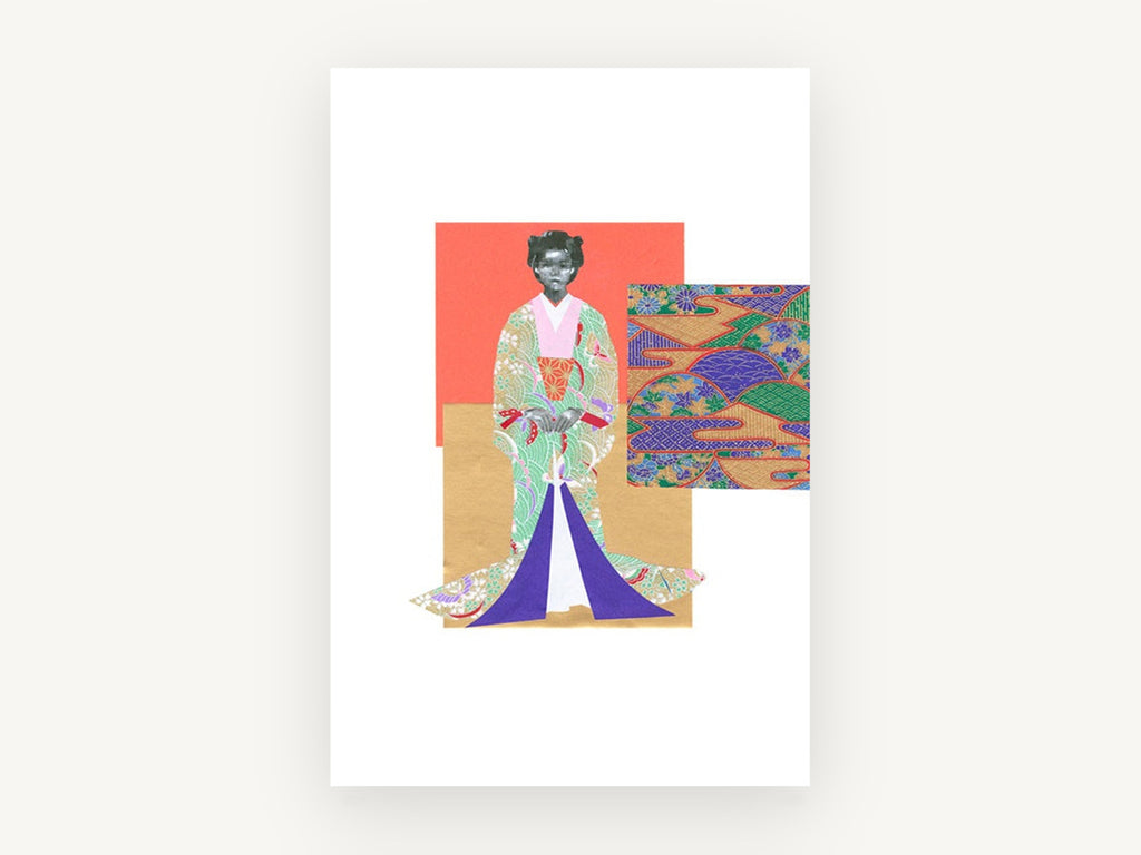 Kimono Collage Figure, floral canvas wall art print, front view