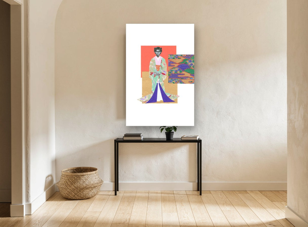 Kimono Collage Figure floral canvas print on the wall of a hallway