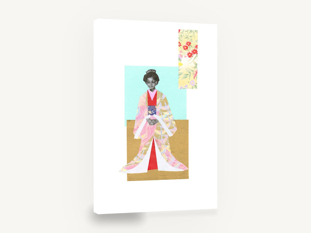 Paper Kimono Figure, kimono figure paper collage art, floral canvas wall art print ready to hang