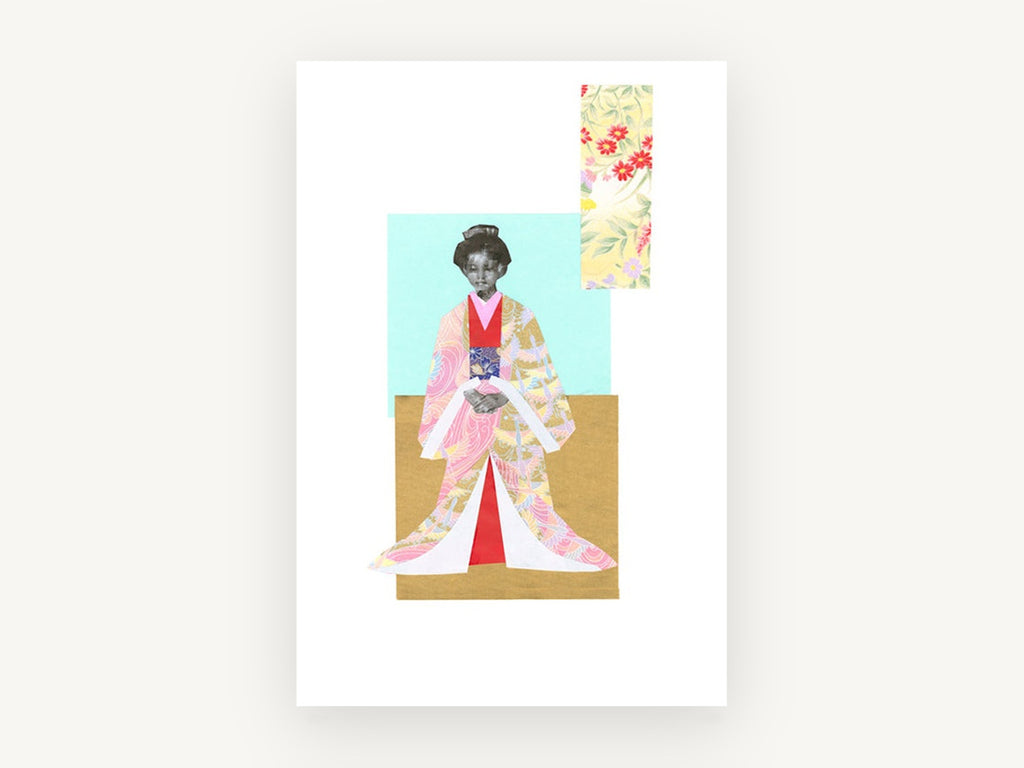 Paper Kimono Figure, floral canvas wall art print, front view