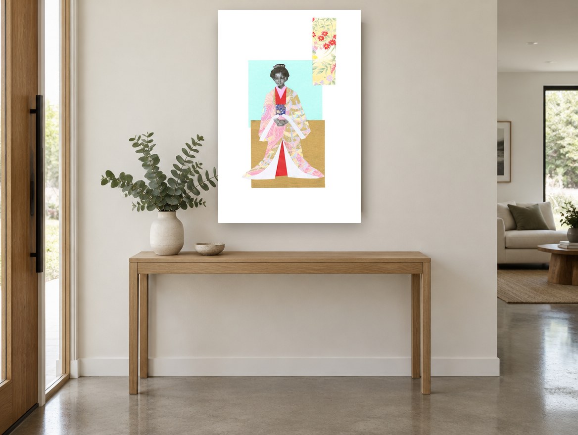 Paper Kimono Figure floral canvas print on the wall of a entry hall