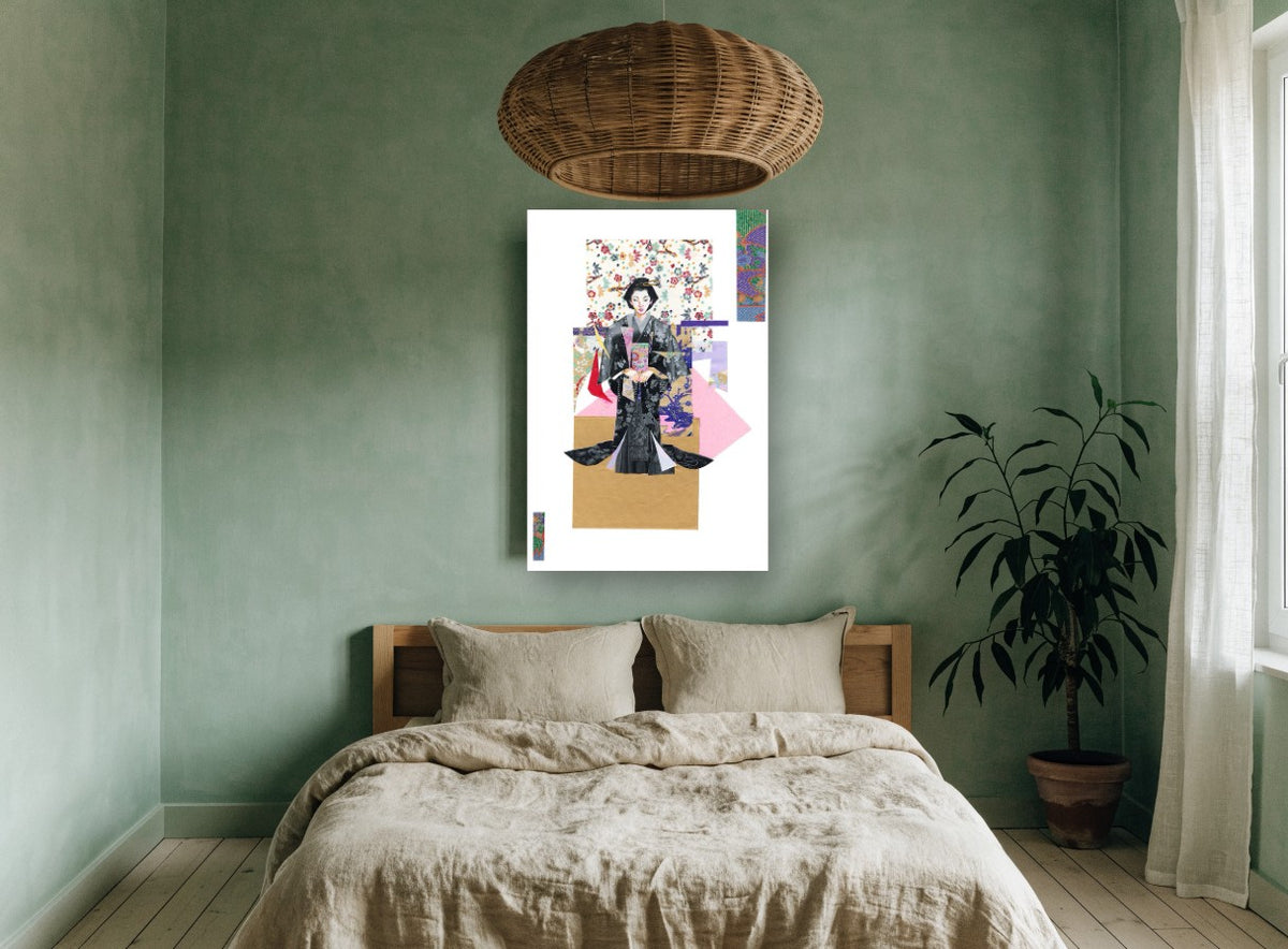 Kimono Paper Collage floral canvas print on the wall of a bedroom