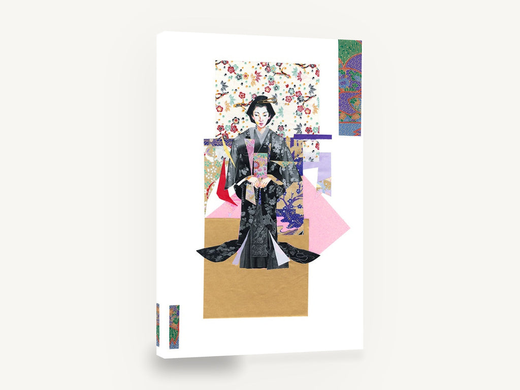 Kimono Paper Collage, japanese kimono figure paper collage, floral canvas wall art print ready to hang