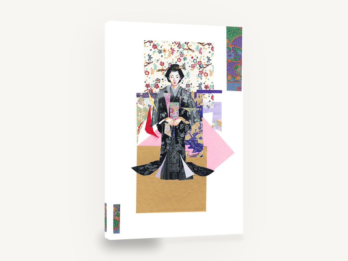 Kimono Paper Collage, japanese kimono figure paper collage, floral canvas wall art print ready to hang