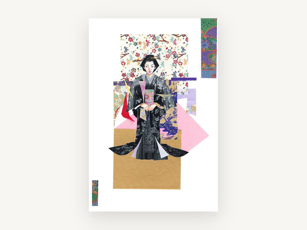 Kimono Paper Collage, floral canvas wall art print, front view