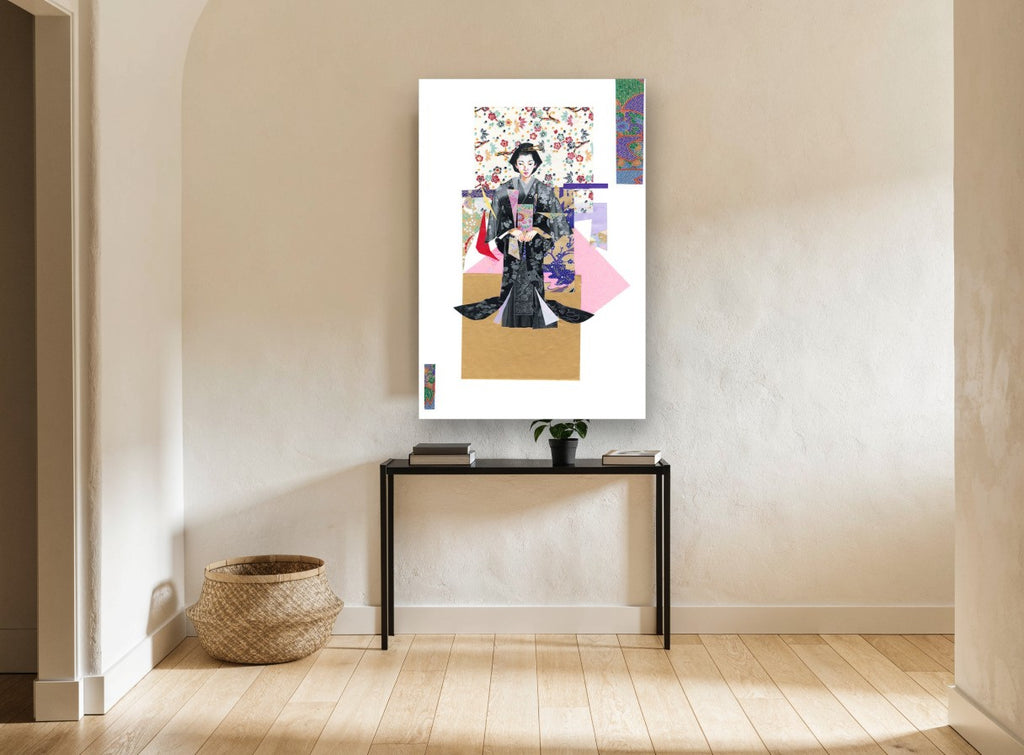 Kimono Paper Collage floral canvas print on the wall of a hallway
