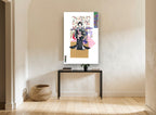 Kimono Paper Collage floral canvas print on the wall of a hallway
