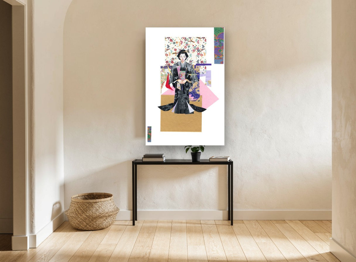 Kimono Paper Collage floral canvas print on the wall of a hallway