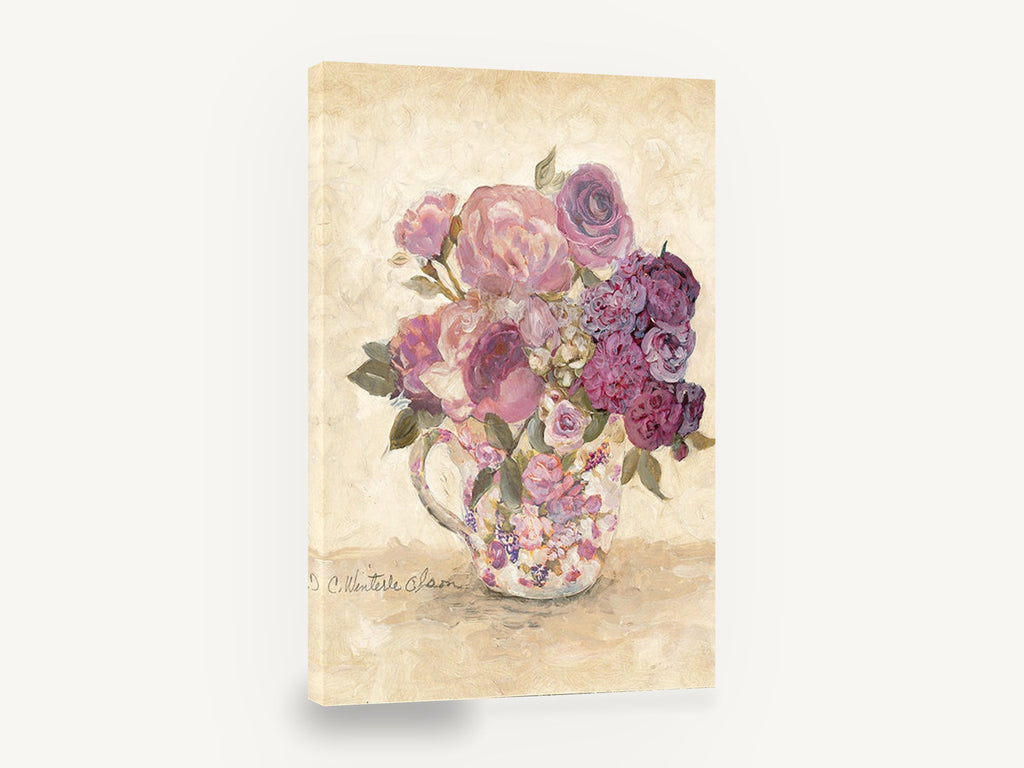Mauve Roses in Chintz Cup, pink purple roses floral still life, floral canvas wall art print ready to hang