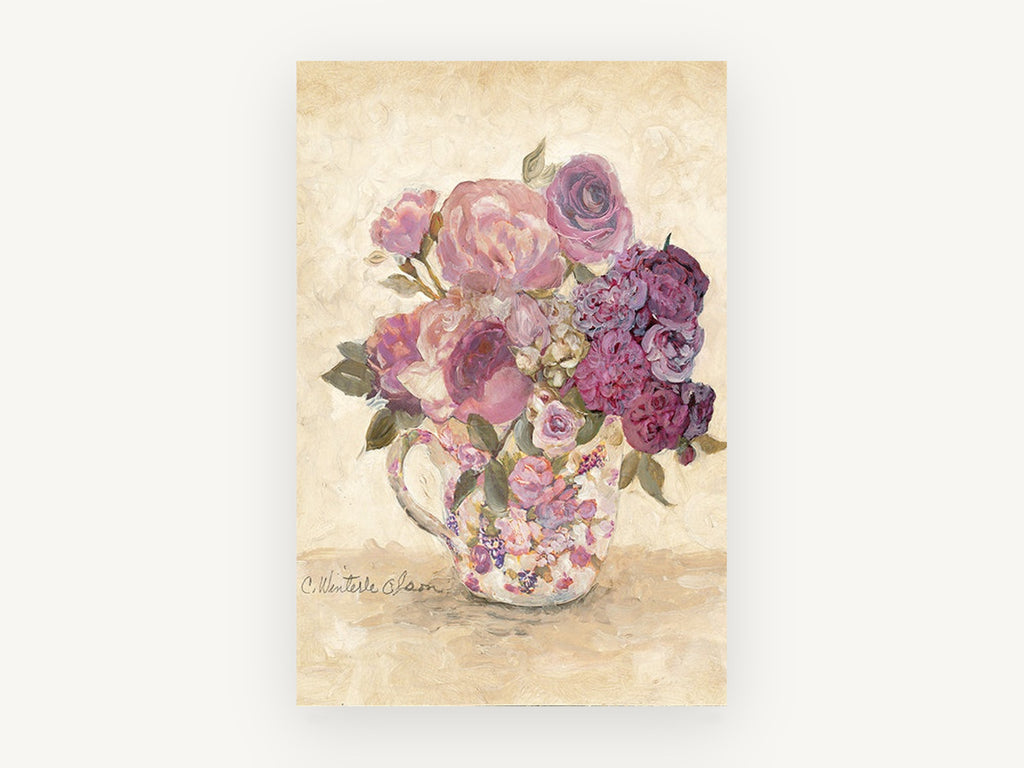 Mauve Roses in Chintz Cup, floral canvas wall art print, front view