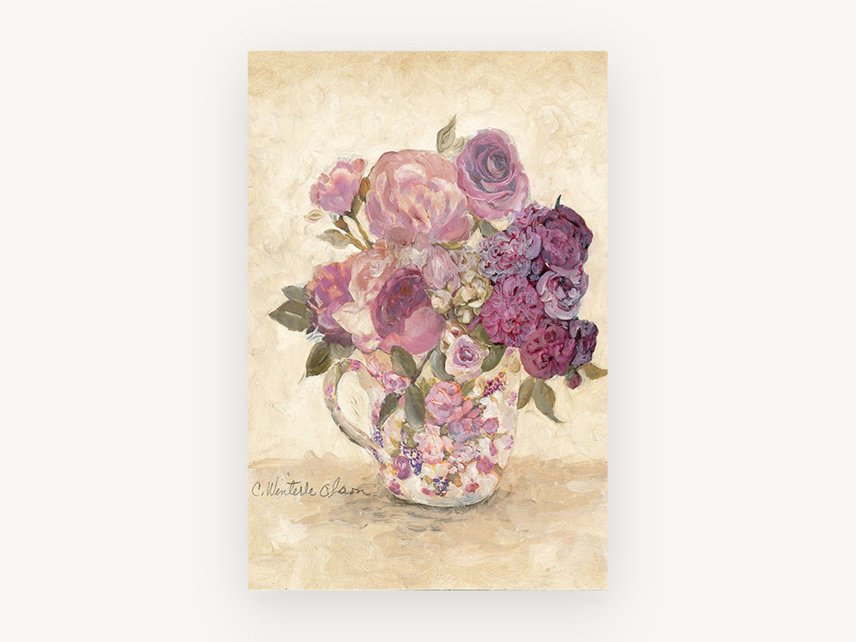 Mauve Roses in Chintz Cup, floral canvas wall art print, front view