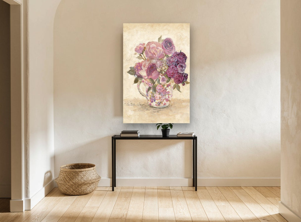 Mauve Roses in Chintz Cup floral canvas print on the wall of a hallway