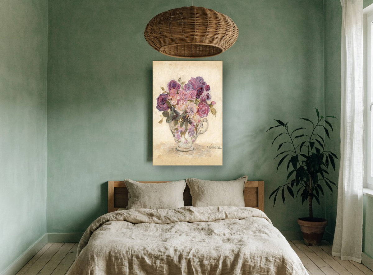 Teacup Rose Bouquet floral canvas print on the wall of a bedroom