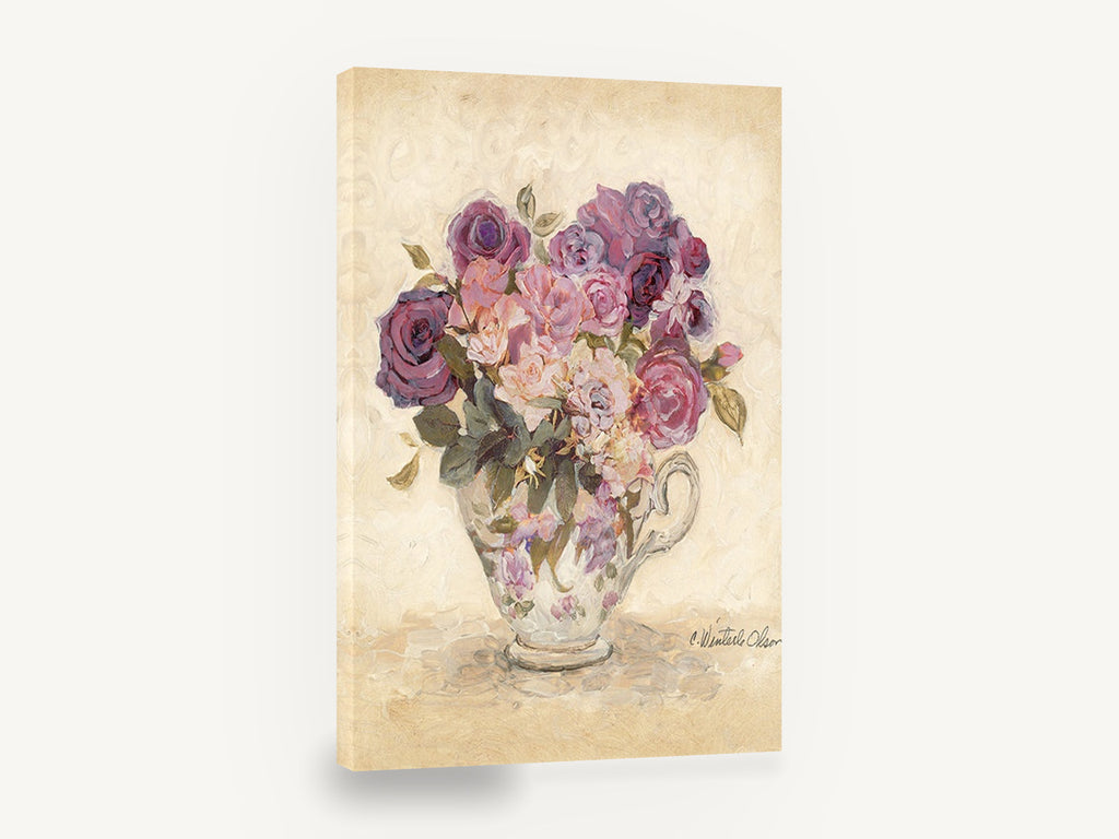 Teacup Rose Bouquet, purple and pink roses in teacup, floral canvas wall art print ready to hang