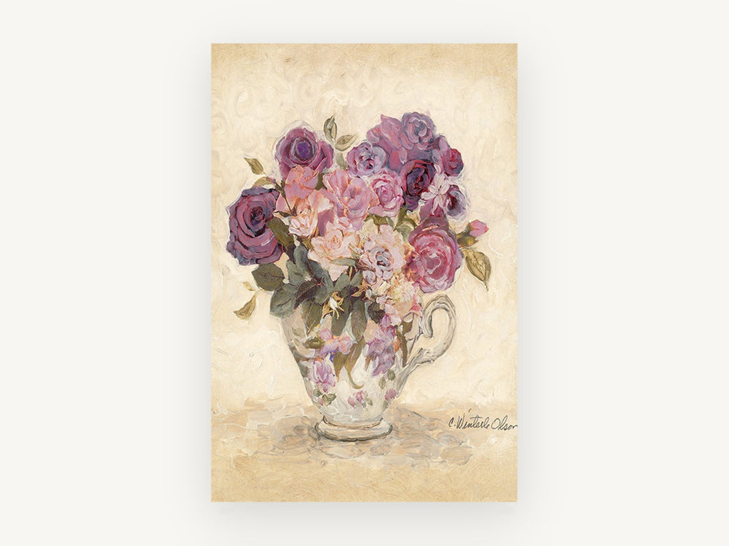 Teacup Rose Bouquet, floral canvas wall art print, front view