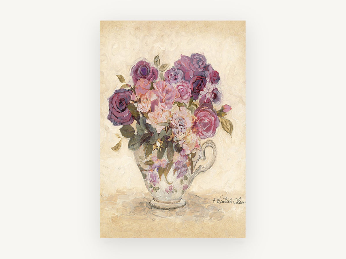 Teacup Rose Bouquet, floral canvas wall art print, front view