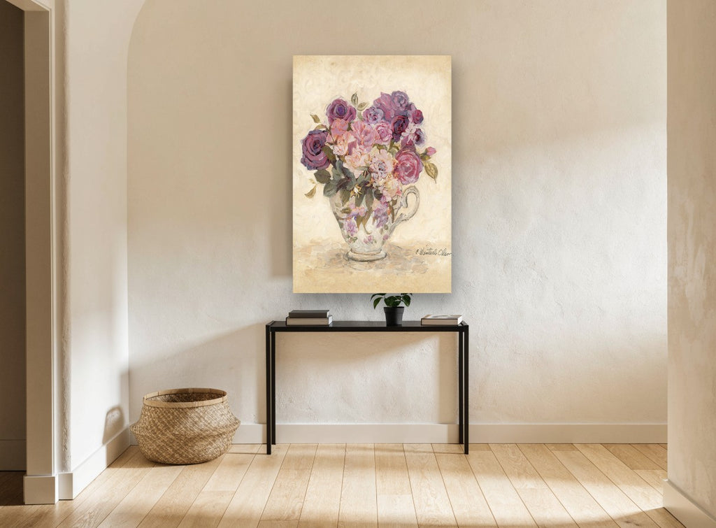 Teacup Rose Bouquet floral canvas print on the wall of a hallway