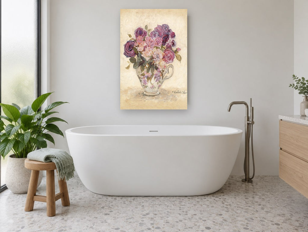 Teacup Rose Bouquet floral canvas print on the wall of a bathroom