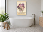 Teacup Rose Bouquet floral canvas print on the wall of a bathroom