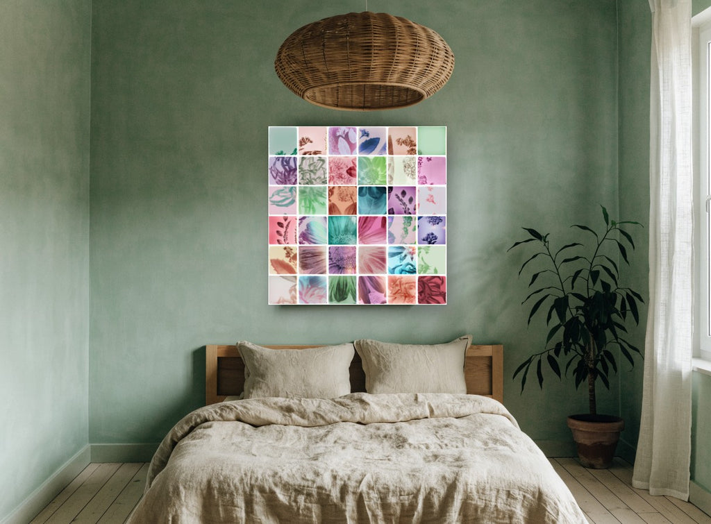 Analog Flower Grid floral canvas print on the wall of a bedroom