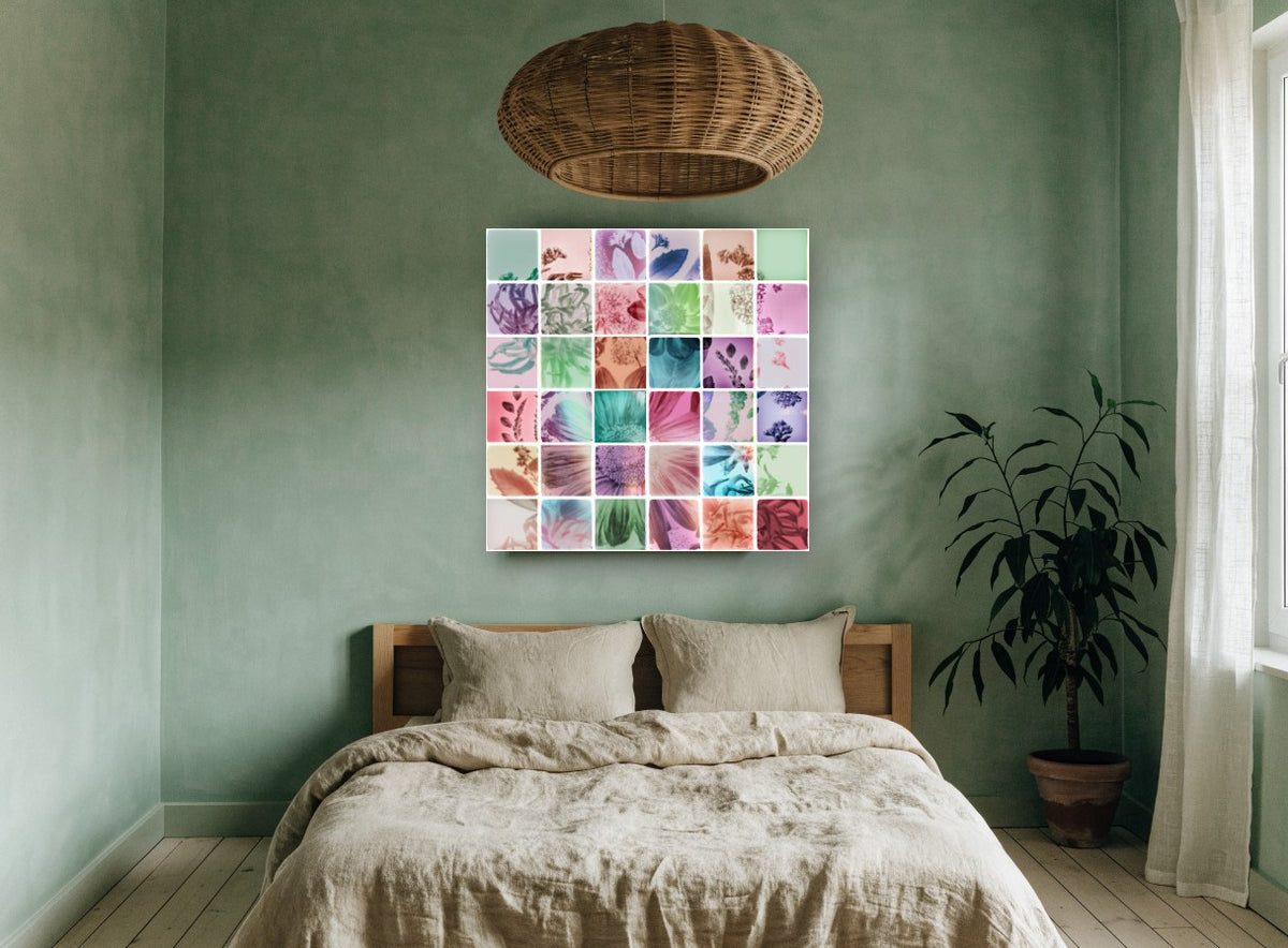 Analog Flower Grid floral canvas print on the wall of a bedroom