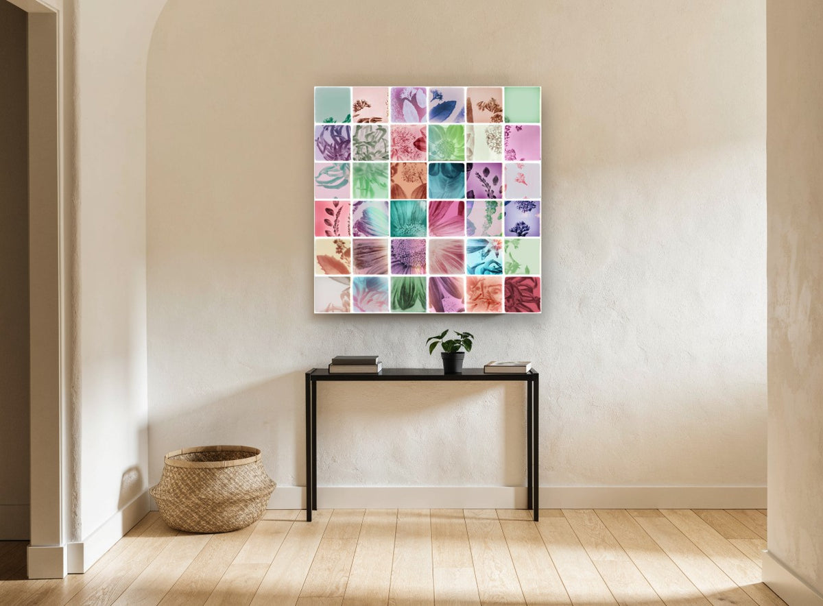 Analog Flower Grid floral canvas print on the wall of a hallway