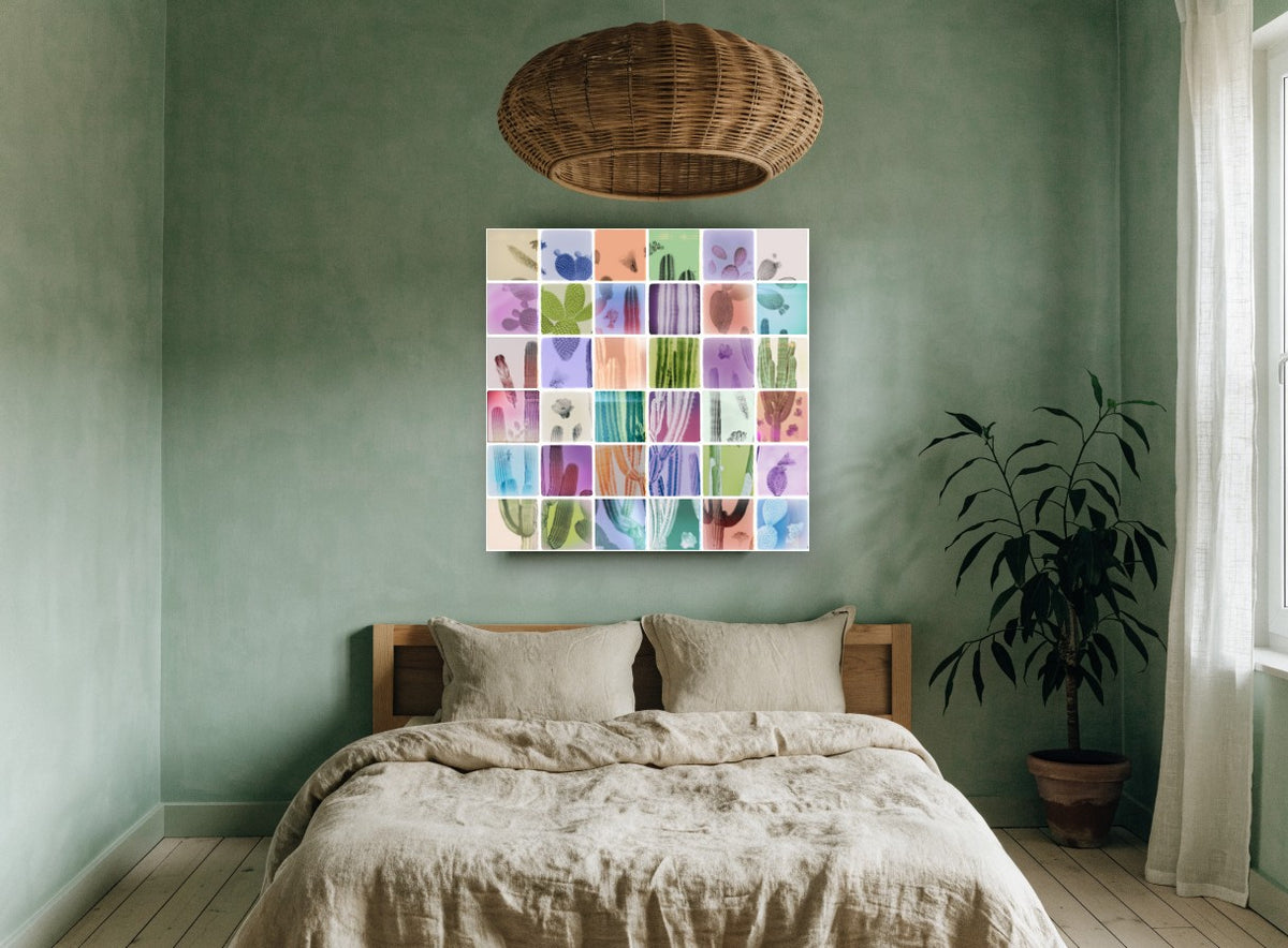 Cactus Colour Grid floral canvas print on the wall of a bedroom