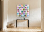 Cactus Colour Grid floral canvas print on the wall of a hallway