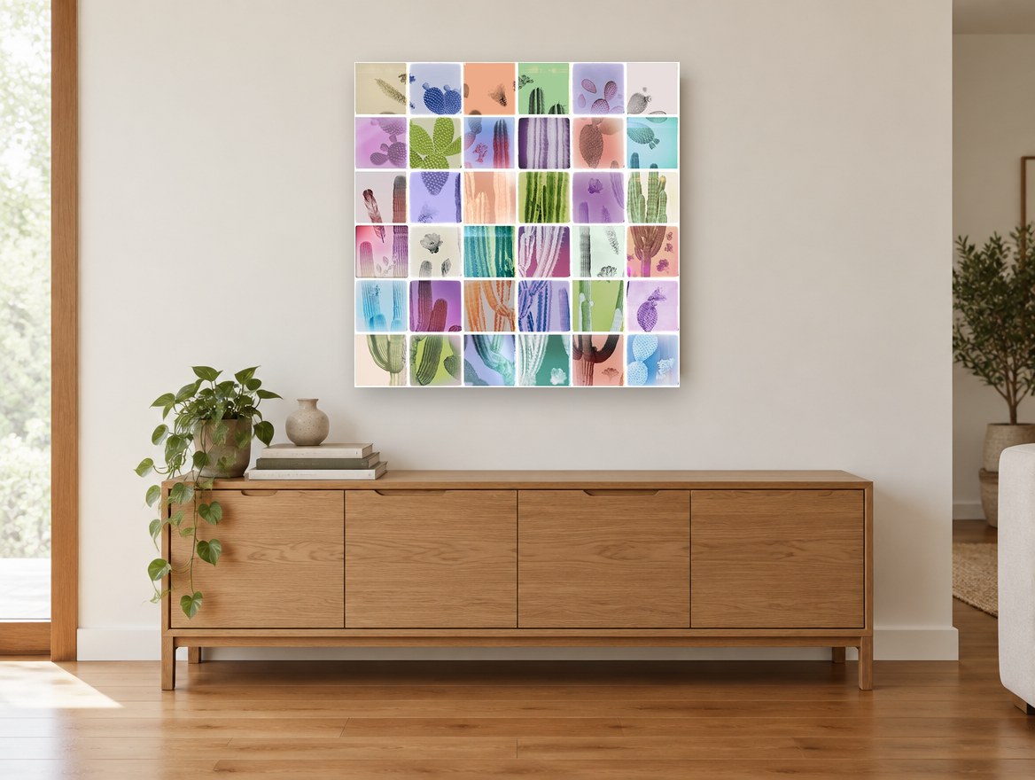 Cactus Colour Grid floral canvas print on the wall of a living room above a sideboard