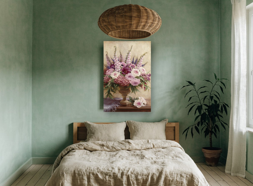 Foxglove and Rose Urn floral canvas print on the wall of a bedroom