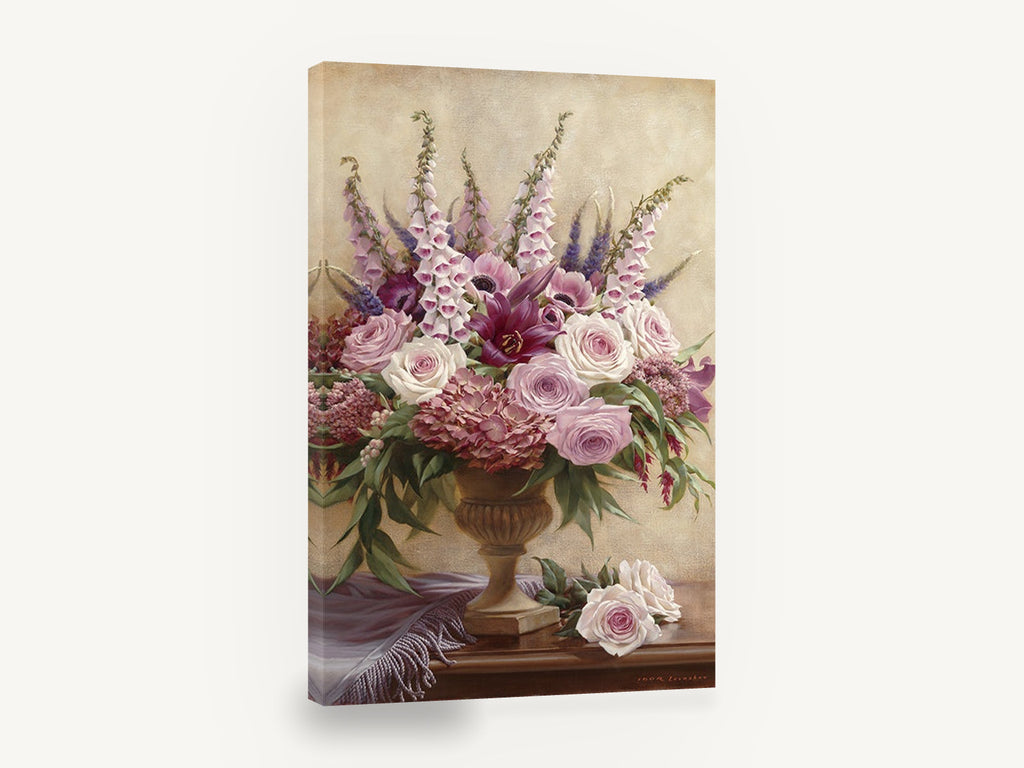 Foxglove and Rose Urn, pink rose foxglove bouquet still life, floral canvas wall art print ready to hang